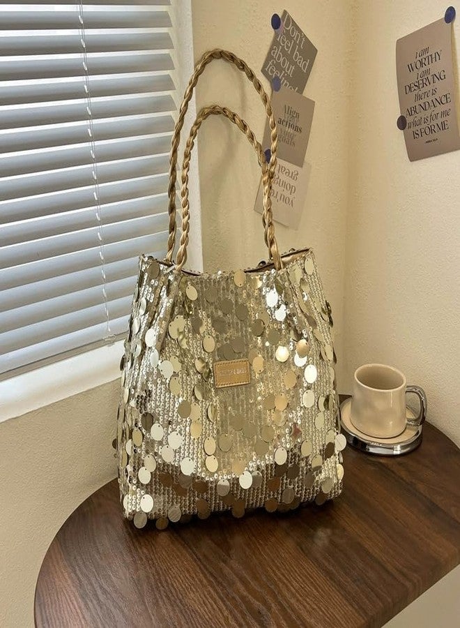 DOSYSO Korean Sequin Hobo Shoulder Hand Bags For Women Stylish Latest Glitter Party Evening Handbags Big Size Tote Bag Fancy Wedding Ladies Purse Braided Handle Sling Side bag Gift For Girls (Gold) - Image 2